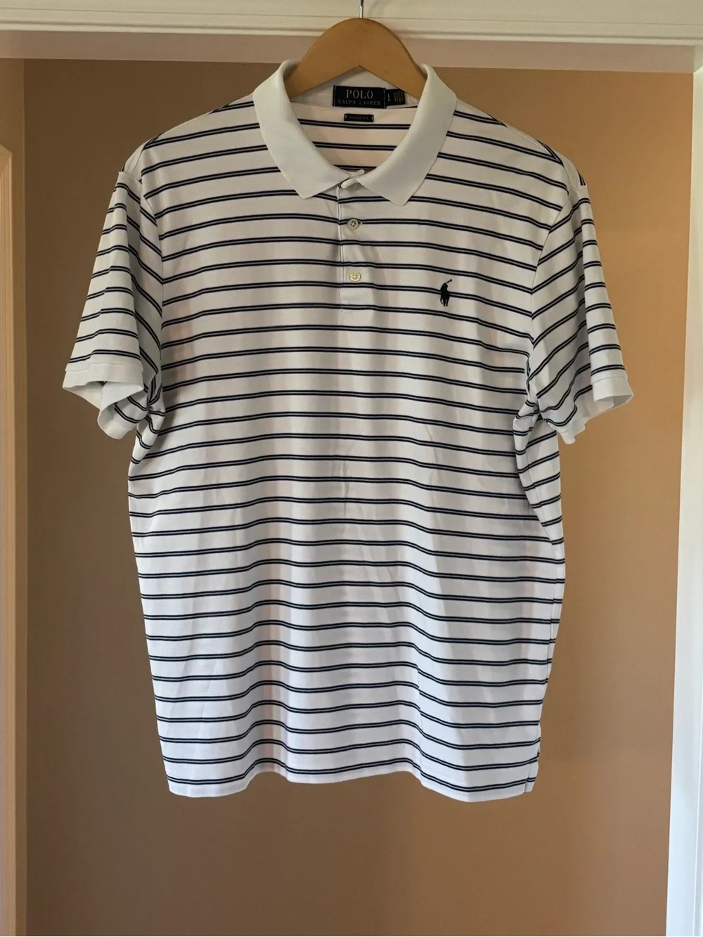 Ralph Lauren White Polo with Navy Horizontal Stripes Super Soft